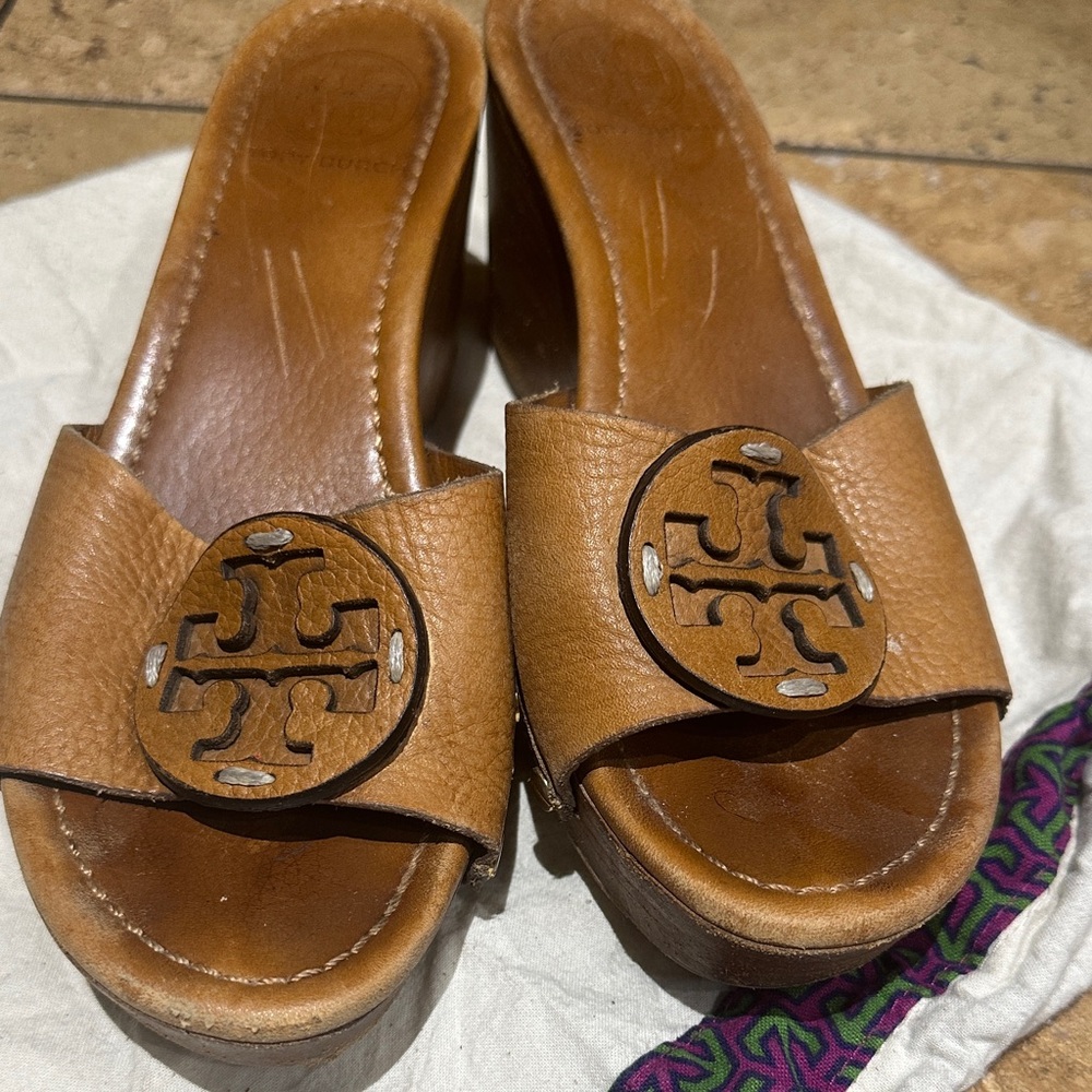 Tory Burch Brown Leather Mules with Logo
